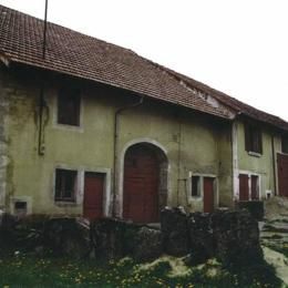 Mesnois, Jura, avr 1998 caue39. Ferme bloc de volume simple, maisons en bande et porte de grange étirée en hauteur. les pierres levées séparent la parcelle - MESNOIS (39130)
