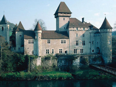 Château de Cléron (Doubs)
Il se compose d'un corp de bâtiment rectangulaire cantonné de trois tours circulaires et d'une tour polygonale. C'est un édifice de plan quadrangulaire cantonné de tours . L'intérieur conserve des plafonds à la française et une pièce décorée à la fin du 18 ème siècle - CLERON (25330)