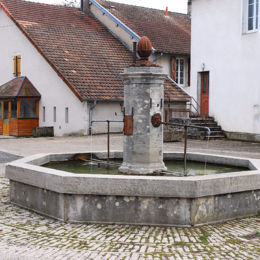 Charezier, oct 2009 F. Leng / CAUE39 : Fontaine-colonne en pierre, de section octogonale, se terminant par des moulures et un élément carré sur lequel repose une importante pomme de pin en fonte. Elle est pourvue de 2 canons opposés avec mascarons de Neptune. Chaque canon est soutenu par une barre verticale reposant sur un porte-seau à double barre. Le bassin octogonal est en pierre. - CHAREZIER (39130)