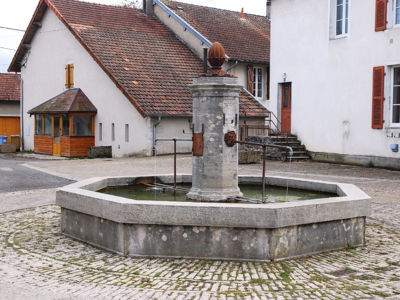 Charezier, oct 2009 F. Leng / CAUE39 : Fontaine-colonne en pierre, de section octogonale, se terminant par des moulures et un élément carré sur lequel repose une importante pomme de pin en fonte. Elle est pourvue de 2 canons opposés avec mascarons de Neptune. Chaque canon est soutenu par une barre verticale reposant sur un porte-seau à double barre. Le bassin octogonal est en pierre. - CHAREZIER (39130)
