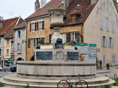Arbois, 2017 F. Leng photo / CAUE39 : Sur la place de la Liberté, point de convergence des principales rues d'Arbois, s'élève une fontaine monumentale, construite en 1806 par l'architecte Lapret. Elle est ornée de quatre lions provenant des Forges de Baudin, symbolisant la Franche-Comté. Ils alimentent un grand bassin circulaire en pierre. La fontaine est couronnée par un vase colossal orné de guirlandes de fruits supportées par 4 têtes de béliers et des rinceaux végétaux. Le socle comporte des plaques avec un décor de festons végétaux entre des boutons circulaires alternant des bouquets en relief. La fontaine a été rénovée en 1984. - ARBOIS (39600)