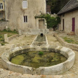 AUTHUME (39100), avril 2012 F. Leng / CAUE39 : Comme beaucoup d'autres lavoirs du secteur, une chambre de puisage protégée par un muret en façade domine un ensemble de 3 bassins en pierre successifs. Le premier est rectangulaire allongé, le second est carré, le dernier est circulaire. La périphérie du bassin de lavoir est protégée par des plots en pierre. - AUTHUME (39100)