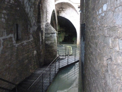 La Fontaine des lépreux 
Cette fontaine est située dans une galerie sous la place du Prélot, d'où elle est visible par un puits de lumière. Connue dès 1274, elle est aménagée en lavoir au XVIIIème siècle. Elle comporte un bassin ovale.
Le bassin unique, en pierre, est de forme rectangulaire avec des angles arrondis. Il est alimenté par un cours d'eau canalisé. Ce lavoir s'apparente également aux lavoirs tunnels. On accédait à l'aire de lavage par un escalier. La zone où se tenaient les lavandières est aménagée avec un banc en pierre et un petit pont, qui permettait de passer d'un côté du bassin à l'autre, en enjambant le petit cours d'eau.
Les margelles sont fines par rapport à la moyenne et elles ne sont pas particulièrement aménagées pour le lavage.
06/2017 F Leng phot. 79 caue39 - DOLE (39100)