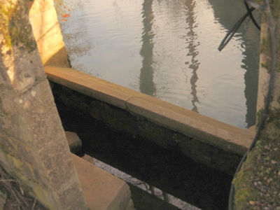 Lavoir aménagé contre un pont, sur la berge d'un cours d'eau, sur une retenue par vanne, permettant de réguler la hauteur de l'eau. Plusieurs marches font accéder à une petite niche, qui ne pouvait abriter que 2 lavandières au maximum. Deux pierres inclinées vers le cours d'eau permettent le lavage. . Le tout est couvert par une dalle en béton également.
06/2017 F Leng phot. 12 caue39 - GRUSSE (39190)
