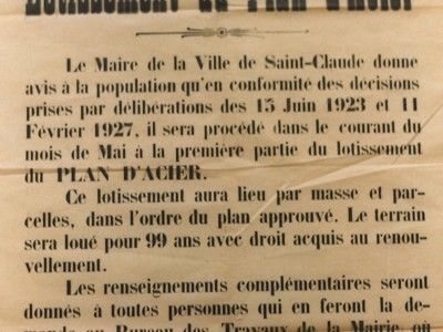 Avis municipal de lotissement du Plan d'Acier, 1927 - SAINT-CLAUDE (39200)